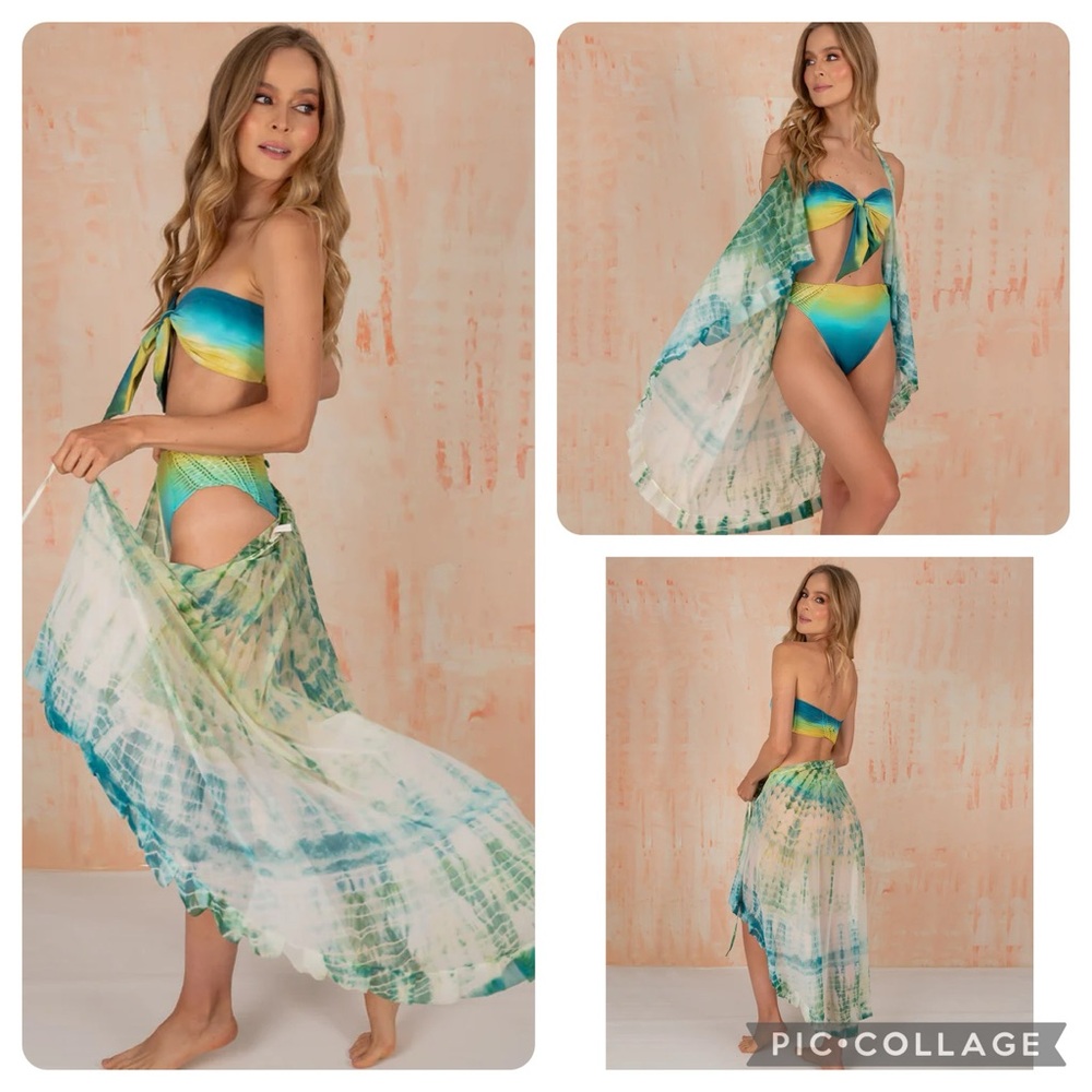 Entreaguas Swim “Calm Beach” Ivory/Orange/Purple Tie-dye Ruffled Wrap Coverup